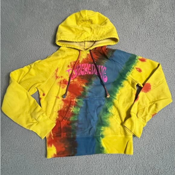 Lucky Brand Sweatshirt Medium Rainbow Tie Dye Striped Hoodie Yellow Hippie - Picture 1 of 8